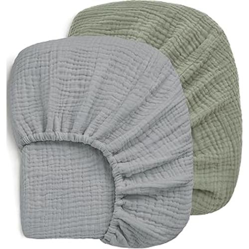 Pro Goleem 2 Pack Muslin Crib Sheets for Boys and Girls, Soft Breathable Neutral Fitted Cotton Baby Bed Sheets Set for Standard Crib Mattress & Toddler Mattress 52"x28", (Grey＆Green)
