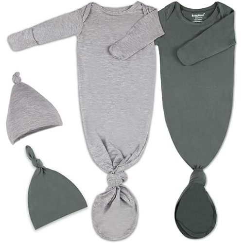 2Pk Newborn Baby Knotted Gown, Super Soft Silky Infant Long Sleeve Sleeper for Baby Sleeping with Hat or Headband (2 Packs)