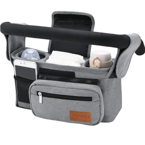 Momcozy Universal Baby Stroller Organizer, 2 Insulated Cup Holder, Detachable Zippered Pocket, Adjustable Shoulder Strap, Large capacity for baby essentials, Compact Design Fits Any Strollers