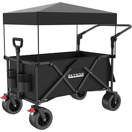 150L Foldable Wagon with 300lbs Weight Capacity,Utility Wagons Carts Heavy Duty with Removable Canopy,with Big All-Terrain Beach Wheels & Drink Holders,for Camping,Garden,Sports,Beach,Black