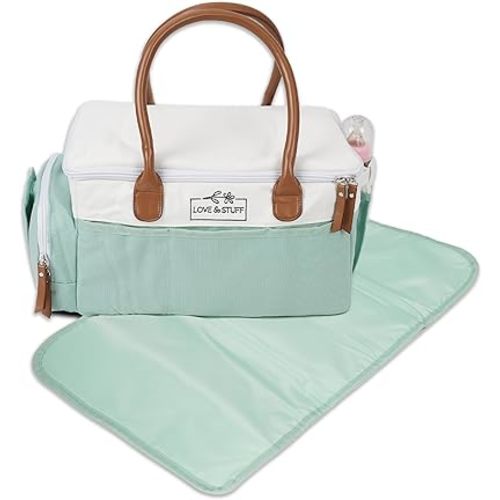 Diaper Caddy | Diaper Caddy Organizer | Waterproof and Portable Diaper Caddy Organizer with Lid | Durable Sage & White Travel Diaper Caddy | Spacious & Customizable Diaper Caddy with Changing Pad