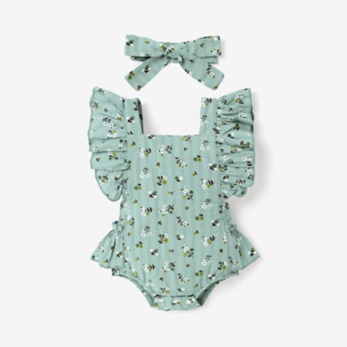 PatPat 2pcs Baby Girl Allover Floral Print Ruffle Trim Sleeveless Romper & Headband Set