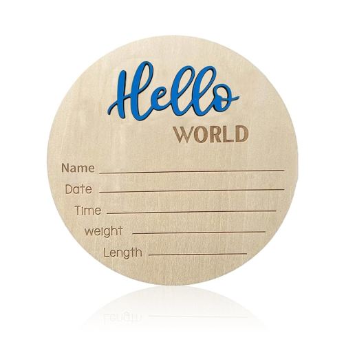 Baby Announcement Sign, ​5.9 Inch Wooden Hello World Newborn Signs, Birth Announcement Sign, Baby Shower Hospital Nursery for Newborn Boys and Girls… (Blue)