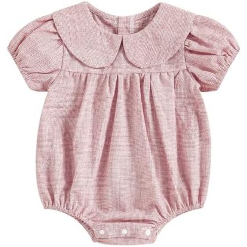 KMBANGI Newborn Baby Girl Clothes Short Sleeve Doll Collar Plaid Romper Bubble Smocked Bodysuit Infant Princess Summer Outfit