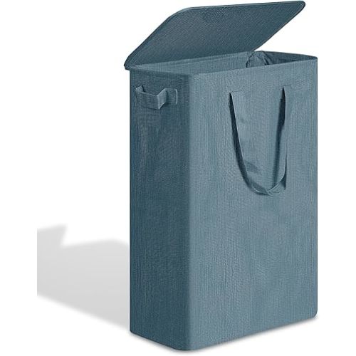 efluky Slim Laundry Basket with Lid, Narrow Laundry Hamper with Handles, Collapsible Dirty Clothes Hamper, Tall Laundry Bin for Laundry Room, Dorm and Bedroom, 55L Denim Blue