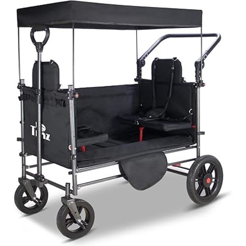 TMZ Collapsible Wagon Cart with Side-Opening Seat Conversion Design, Foldable Utility Wagon with 2 Seats, Heavy Duty Wagon 265 lbs Load Capacity (Black)