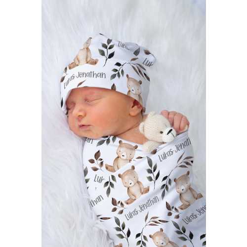 WOODLAND BEAR BABY Name Swaddle Set, Personalized Baby Boy Bear Swaddle Blanket, Newborn Baby Gift, Gender Neutral Baby Bear Blanket Custom