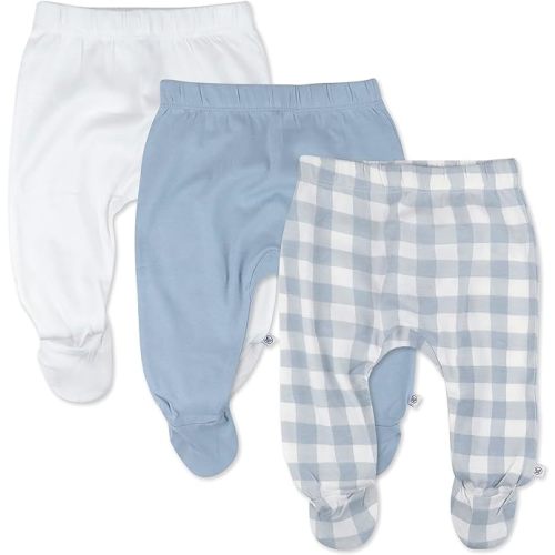 HonestBaby 3-Pack Footed Pants Roomy Fit Pull on Bottoms 100% Organic Cotton for Infant Baby Boys, Girls, Unisex - Newborn - Blue Painted Buffalo Check