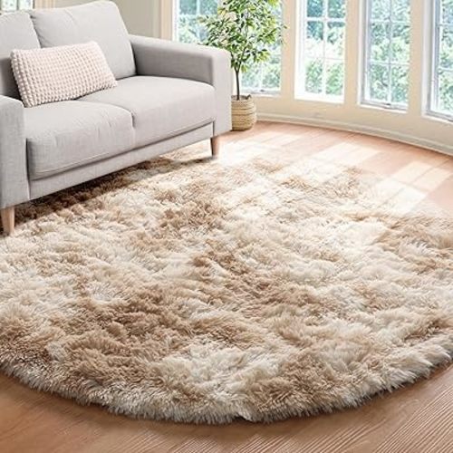 ONASAR Tie-Dye Beige Round Area Rugs 5ft, Soft Bedroom Circle Rug Floor Mats for Kids Girls Teen Room, Kawaii Fluffy Plush Shaggy Carpet for Baby Nursery Living Room Playroom Home Decor
