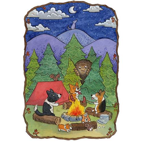 Corgi Camping with Sasquatch Art Print 8"x10"