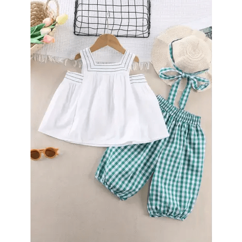 Sweet Girls 2cs, Comfy Cotton Outfits Square Neck Sleeveless Top + Plaid Pants With Hat Set For Summer Vacation Gift