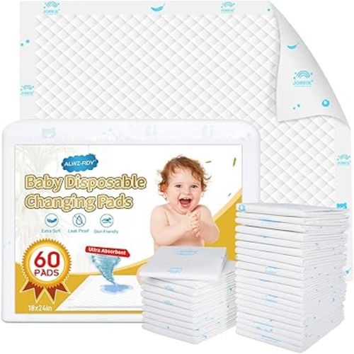 Disposable Changing Pads for Baby 18 x 24 inches (60 Pack), Super Soft Cotton Surface, Ultra Absorbent & Waterproof, Breathable Baby Disposable Changing Pad, Mess Free and Designed for Baby Use