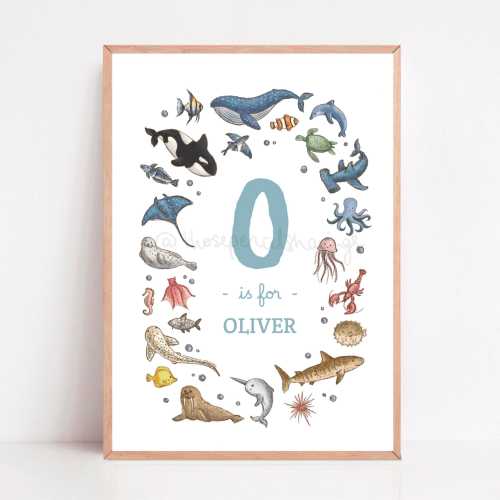 Ocean Animals Personalised Baby Name Print | Sea Animal Nursery Wall Art | Custom Coastal Kids Room Decor | Nautical Name Poster