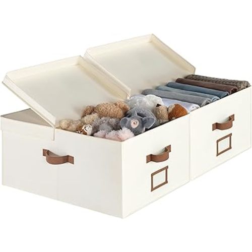 StorageWorks Extra Large Storage Bins with Double-Open Lid, 55L Fabric Baskets with Divider Board, Boxes for Clothes, Linen Closet Organizers with Handles, Ivory White, 2-Pack