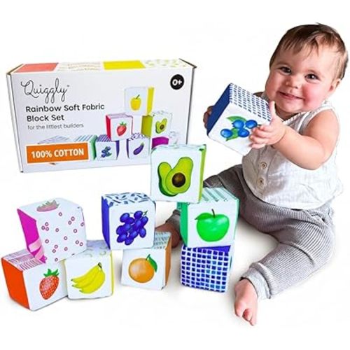Quiggly Rainbow Soft Baby Blocks - 8 Colorful, Montessori Sensory Blocks for Babies & Toddlers- 100% Cotton, Non-Toxic Play Set with Rattle, Crinkle, Textures- Stacking Building Blocks for 3-12 Months