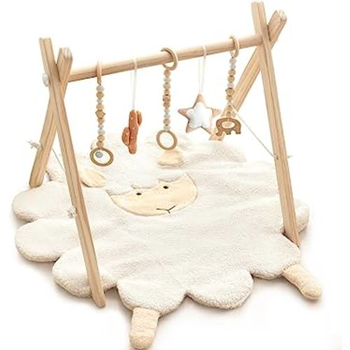 Wooden Baby Gym with Sheep Mat, Infant Activity Gym Foldable Baby Play Gym Frame Activity Center Hanging Bar Newborn Gift, Beige/Cream