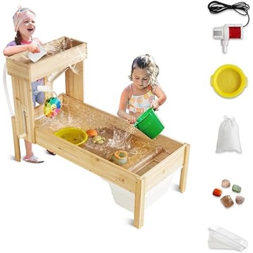 Sand and Water Table with Hand Pump,Sensory Table Wooden Kids Outdoor Play Equipment Toys,Funny Rocks Mining Activity Summer Pump and Splash Discovery Pond for Backyard Outside(Natural)
