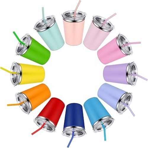 12 Pack Kids Cups Spill Proof, 12oz Stainless Steel Sippy Cup with Straws and Lids, Water Tumbler with Colorful Silicone Sleeves for Kdis and Adults