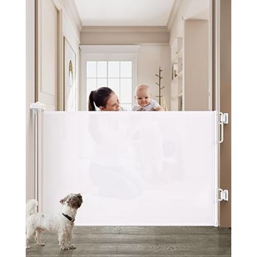 Cumbor Retractable Baby Gates for Stairs, Family & Mom's Choice Awards Winner-Extends up to 55" Wide Mesh Dog Gate for The House, 34" Tall Safety Gates for Doorways,Pet Gate Indoor & Outdoor, White