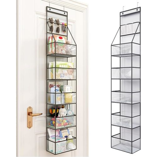 Fixwal 6-Shelf Over Door Hanging Pantry Organizer Hanging Storage with Clear Plastic Pockets Behind The Door Storage Organizer with 3 Small PVC Pockets for Closet Bedroom Bathroom (Grey)