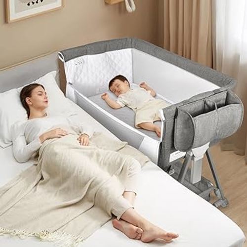 Baby Bassinet, Bedside Sleeper for Baby, 7 Height Adjustable Bedside Bassinet with Wheels, Easy to Assemble Portable Bedside Crib with Large Storage Bag for Newborn/Infant, Mattress Included