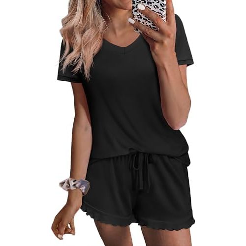 Ekouaer Womens Pajama Sets Summer Pjs Soft Short Sleeve Sleepwear Comfy Ruffle Pj Shorts Set Cute Lounge Sets with Pockets