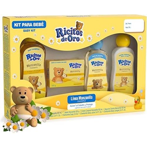 Ricitos de Oro Chamomile Baby Travel Kit – Shampoo, Bar Soap, Body Lotion & Baby Cologne, 4-Piece Baby Essentials Set, Chamomile Baby Care Kit, Travel Size Baby Bath Set