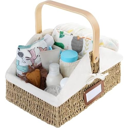 StorageWorks Wicker Diaper Caddy Organizer, Baby Diaper Caddy Basket with Liner, Handwoven Diaper Caddy for Car, Seagrass Baby Toy Basket with Handles, 1 Pack