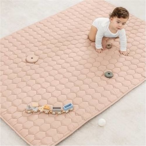 Comfy Cubs Rectangle Kids Play Mat - Medium 48 x 72 inches Soft Quilted Baby Floor Mat with Non-Slip Bottom - Plush Design for Toddlers Playtime and Relaxation - Comfortable and Durable - Blush
