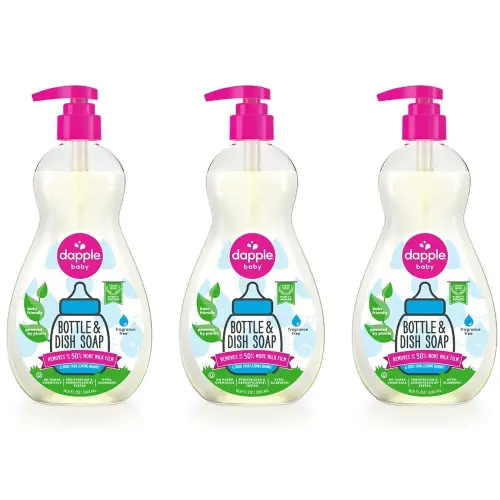 Dapple Baby Bottle Soap, Hypoallergenic Dish Soap for Baby Bottles, Powered by Plants, 1 Pump Included, Packaging May Vary, Fragrance Free, 16.9 Fl Oz (Pack of 3)