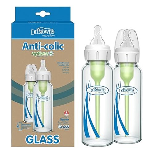 Dr. Brown's Natural Flow Anti-Colic Options+ Narrow Glass Baby Bottle 8 oz/250 mL, with Level 1 Slow Flow Nipple, 2 Pack, 0m+