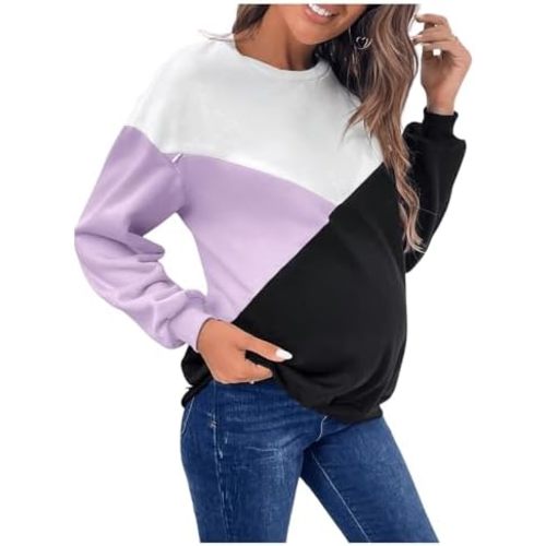SweatyRocks Women's Maternity Color Block Sweatshirts Crewneck Zipper Nursing Pullover Tops