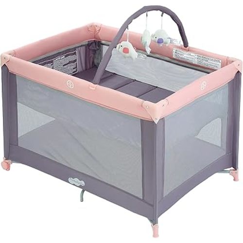 Pamo Babe Portable Playard with Mat Pad and Toy Bar Pink Play Yard for Baby