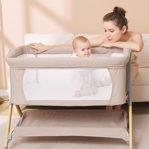 Baby Bassinet, Bassinet with Waterproof Mattress Cover, Bedside Bassinet with Wheels and Storage, Height Adjustable Fit for Any Bed, Baby Bed Crib for Newborn(Warm Beige)
