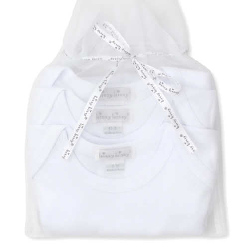 White 3 Pack S/S Bodysuit Set w/ Tulle Bag