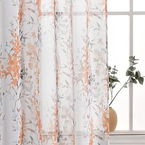 Kotile Orange White Sheer Curtains for Living Room, Classic Vintage Branch Floral Print Sheer Curtains 84 Inch Length 2 Panels Set, Rod Pocket Privacy Sheer Window Curtains, 50 x 84 Inch, Orange