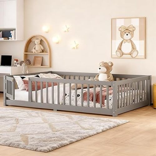 Full Size Floor Bed with Door and Support Slats, Wood Kids Floor Bed with Full-length Guardrails, Montessori Floor Bed Frame for Kids, Boys, Girls, Childlike and No Box Spring Needed Design, Gray