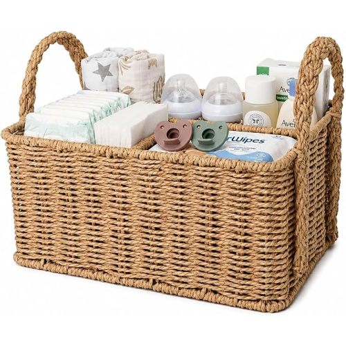 Diaper Caddy Organizer, Paper Rope Storage Baskets Nursery Bin with Removable Divider, Portable Car Organizer for Diapers, Baby Shower Gifts, Newborn Essentials Must Haves