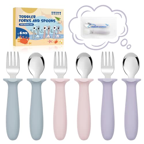 6 PCS Toddler Utensils Kids Silverware Set with Silicone Handle Children Food Grade 18/8 Stainless Steel Toddler Forks and Spoons Safe Anti-Choke Design Mirror Polished Sturdy Durable Dishwasher Safe
