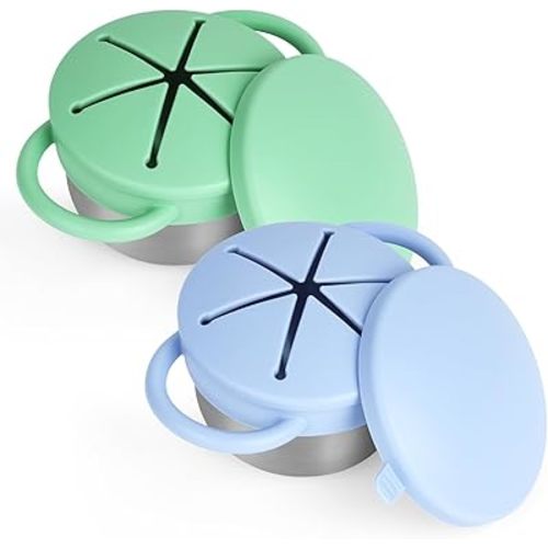 2 Pack Snack Cups for Toddlers Spill Proof - Detachable Stainless Steel Toddler Snack Cups with Silicone Lids & Handles - Dishwasher Safe Baby Snack Containers for Mess-Free Snacking (Blue and Green)