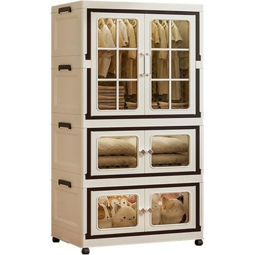 SunSettler Stackable Plastic Storage Cabinet with Transparent Windows, Collapsible Closet Organizer with Wheels (2+1)