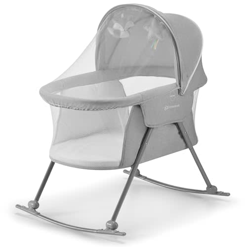 Kinderkraft LOVI Travel Bassinet for Baby, Portable Folding Baby Bed with Built-in Mosquito net, Adjustable Hood and an Additional Cradle Function, Gray