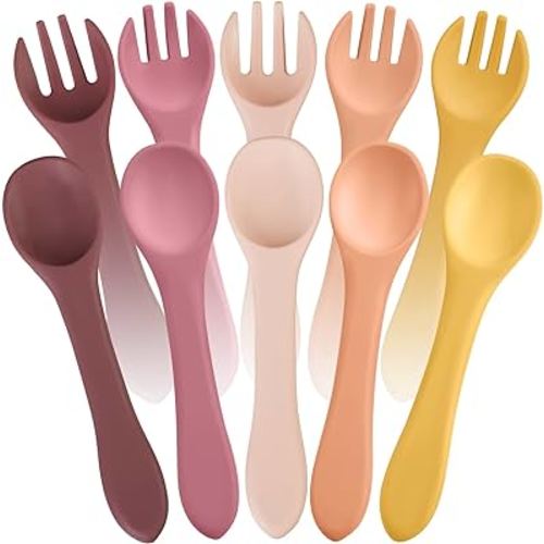10 Pieces Baby Led Weaning Spoons and Forks Set Infant Silicone Spoon First Self Feed Baby training Utensils for Toddler First Stage Feeding Supplies for Kids Over 6 Months, 5 Pairs (Bright Colors)