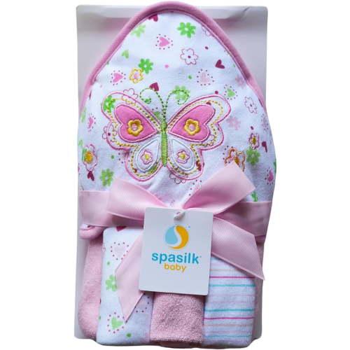 Spasilk Hooded Bath Towel and Washcloths Set for Newborns, 1 Soft Terry Baby Towel and 3 Baby Washcloths, Baby Essentials, Ideal Baby Shower Gifts, One Size, Pink Butterfly