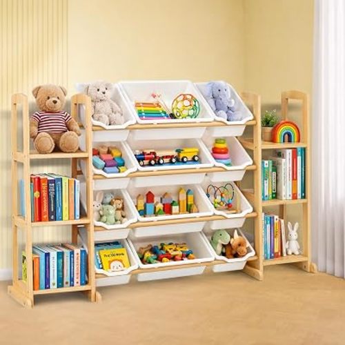 Toy Storage Organizer with Bookshelf – Wooden Toy Organizer with 12 Toy Bins & 6 Tier Bookcase,Quick Assembly Kids Bookshelf,Toy Bin for Playroom, Bedroom, Nursery– White