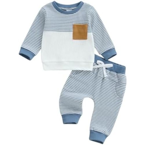 Toddler Baby Boys Fall Outfits Infant Long Sleeve Waffle Knit Clothing Sets 2pcs Color Block Winter Clothes