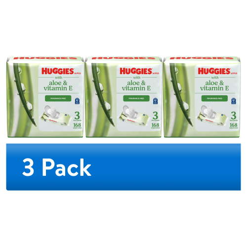 (3 pack) Huggies Wipes with Aloe & Vitamin E, Unscented, 3 Flip-Top Packs (168 Total Wipes)