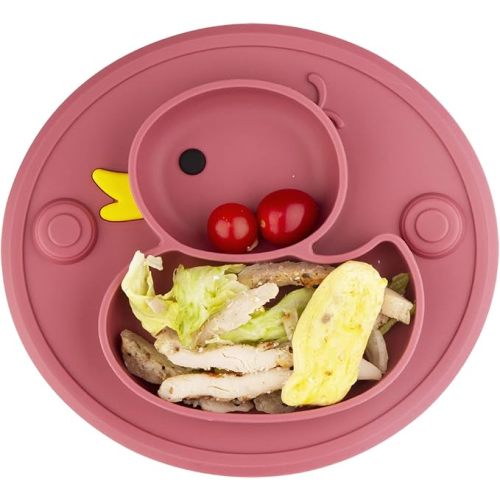 Linowos Baby Divided Plate Placemat Silicone- Portable Non Slip Child Feeding Suction Plate for Children Babies and Kids BPA Free Baby Dinner Plate Microwave Dishwasher Safe (Duck-Blush)