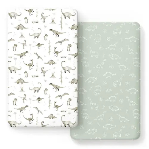 GRSSDER Stretch Ultra Soft Jersey Knit Fitted Crib Sheets Set 2 Pack,Fit All Standard Crib Mattress Pads Safe and Snug, Crib Fitted Sheet for Baby, Dinosaur