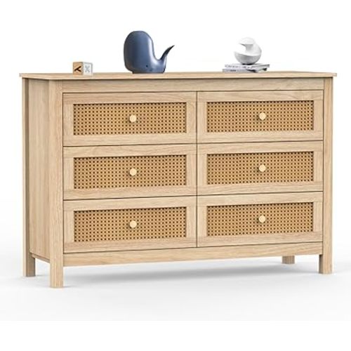 FNCK Rattan Dresser for Bedroom, Boho 6 Drawer Dresser with Rattan Drawers, Double Wooden Storage Chest with Golden Handles, Modern Closet Dressers Chest of Drawers for Nursery Entryway Living Room